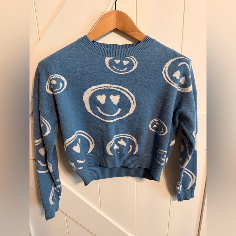 Debut Smiley Face Crewneck Sweater Blue Cropped Hearts Women’s Small